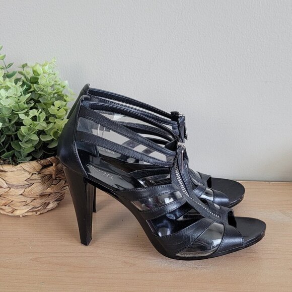 Michael Kors Berkley T Strap Black Leather PVC Front Zip Zipper Sandals Heels - Picture 1 of 16